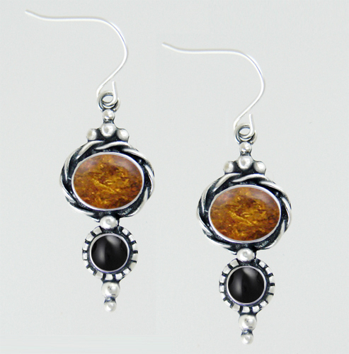 Sterling Silver Drop Dangle Earrings With Amber And Black Onyx